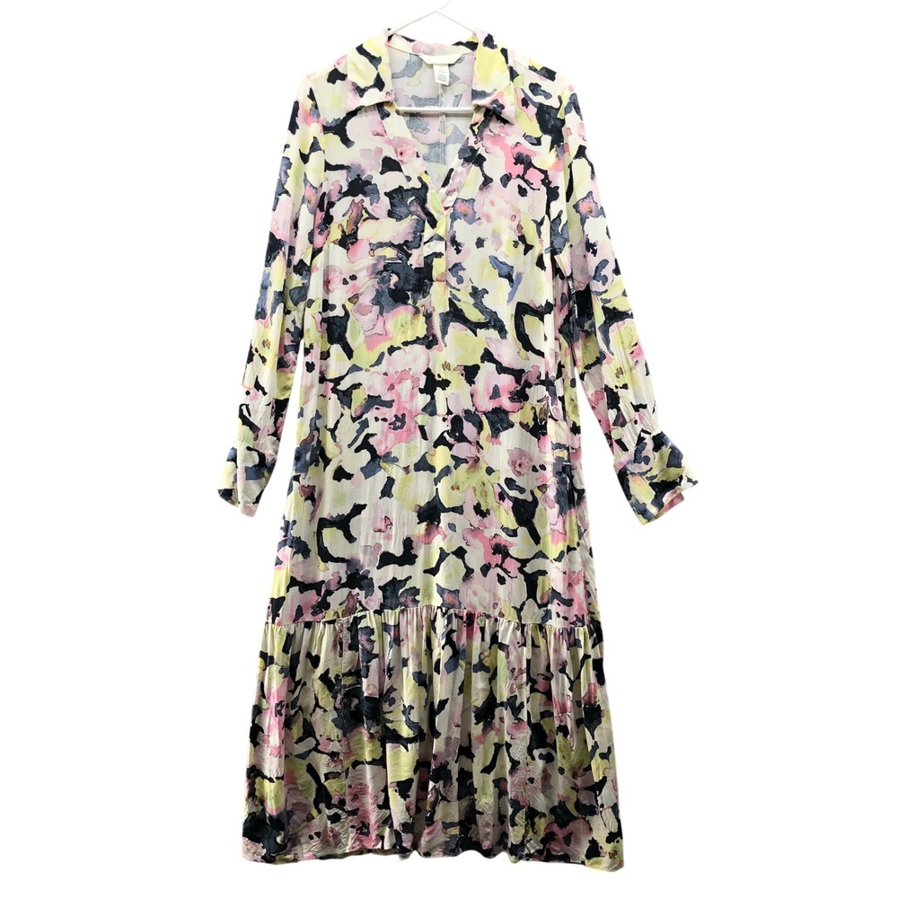 H&M Floral Midi Shirt Dress Womens S Pink Yellow Multicolor Long‎ Sleeve Rayon